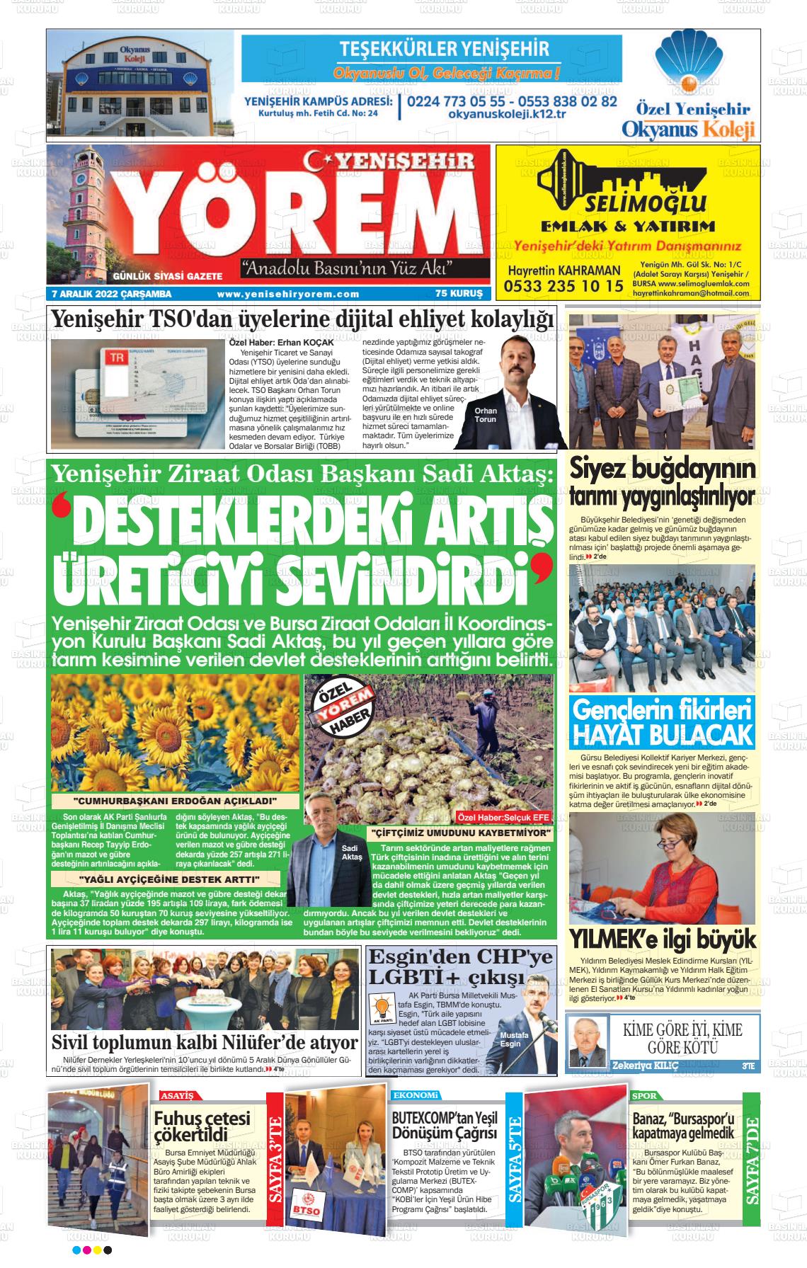07 Aralık 2022 Yenişehir Yörem Gazete Manşeti