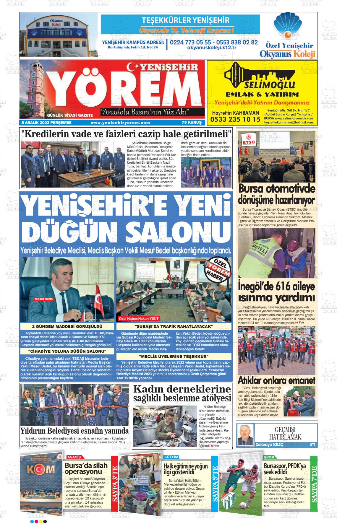 08 Aralık 2022 Yenişehir Yörem Gazete Manşeti