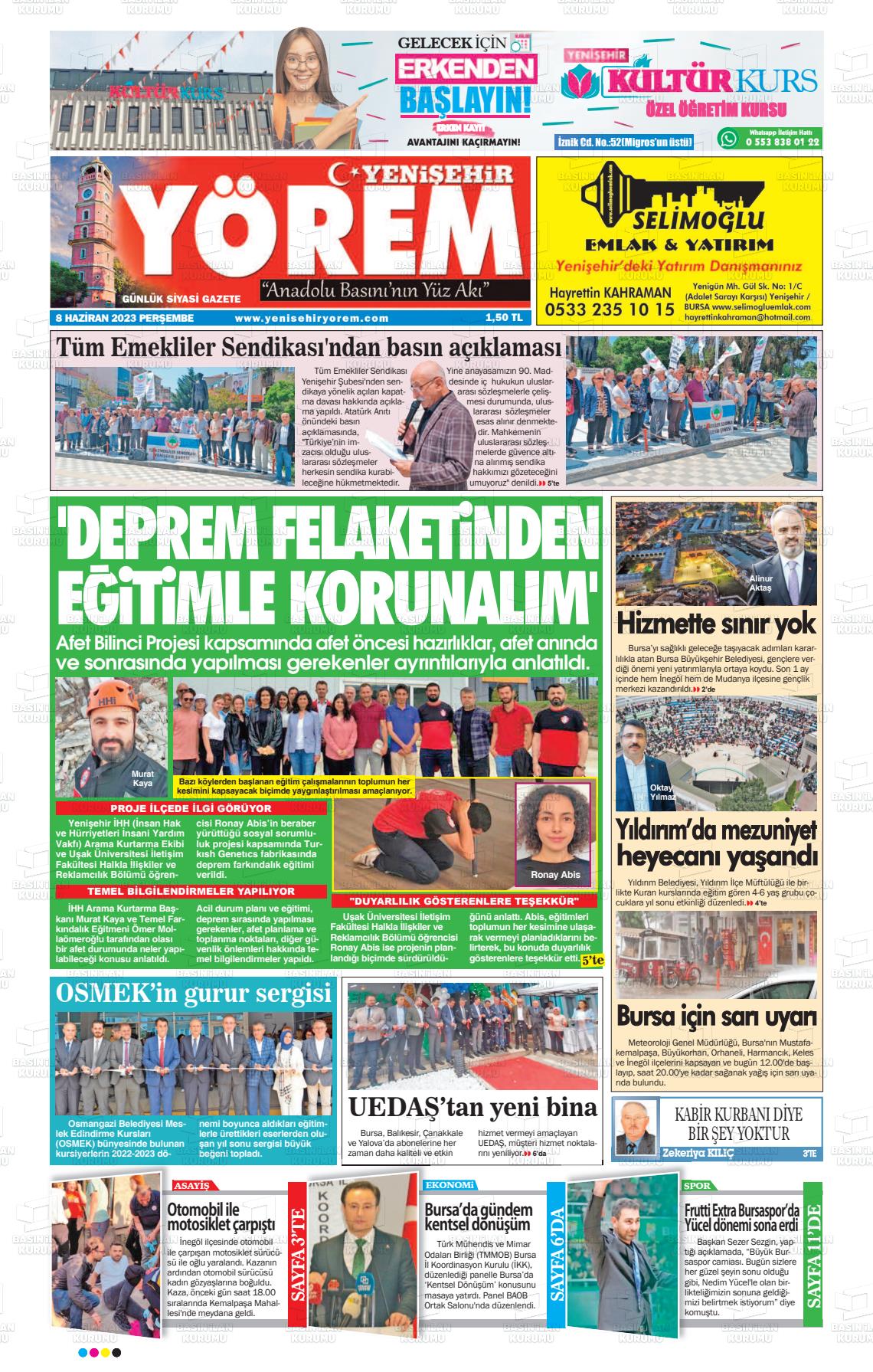 08 Haziran 2023 Yenişehir Yörem Gazete Manşeti