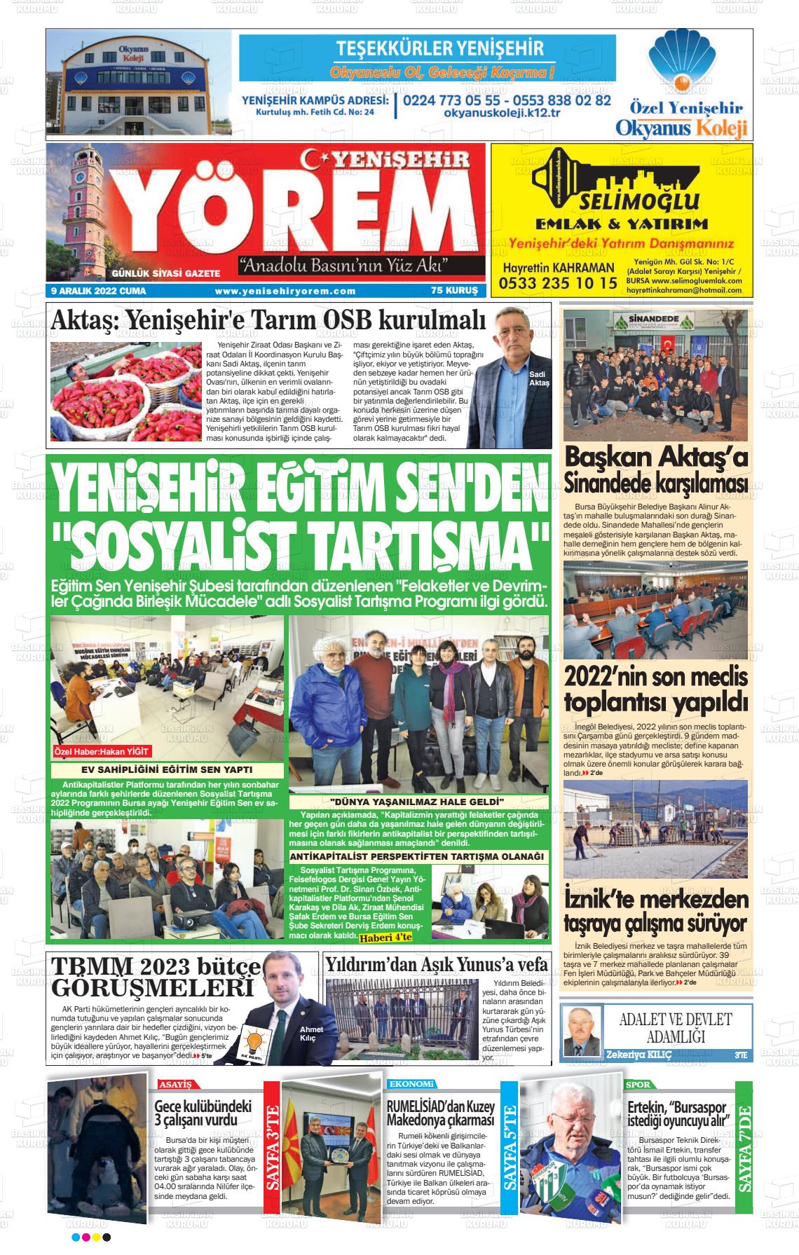 09 Aralık 2022 Yenişehir Yörem Gazete Manşeti