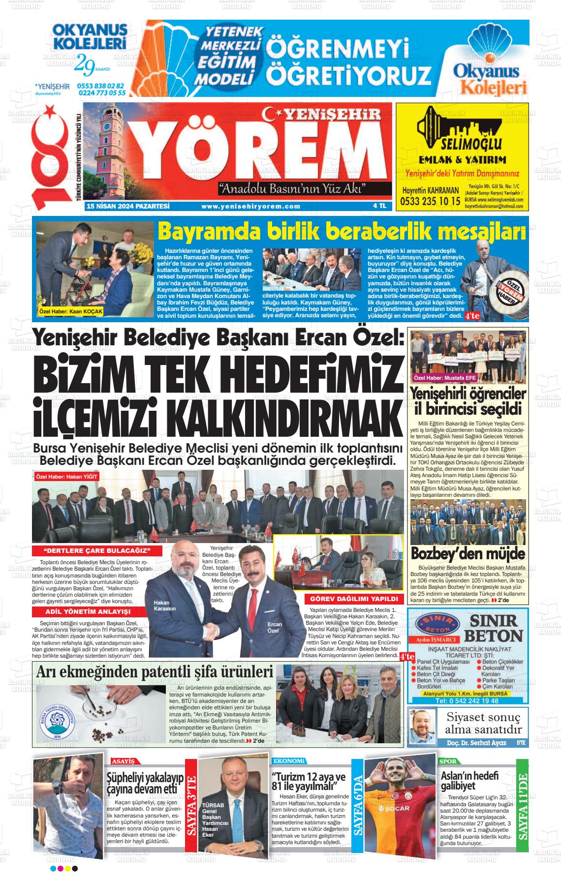 15 Nisan 2024 Yenişehir Yörem Gazete Manşeti
