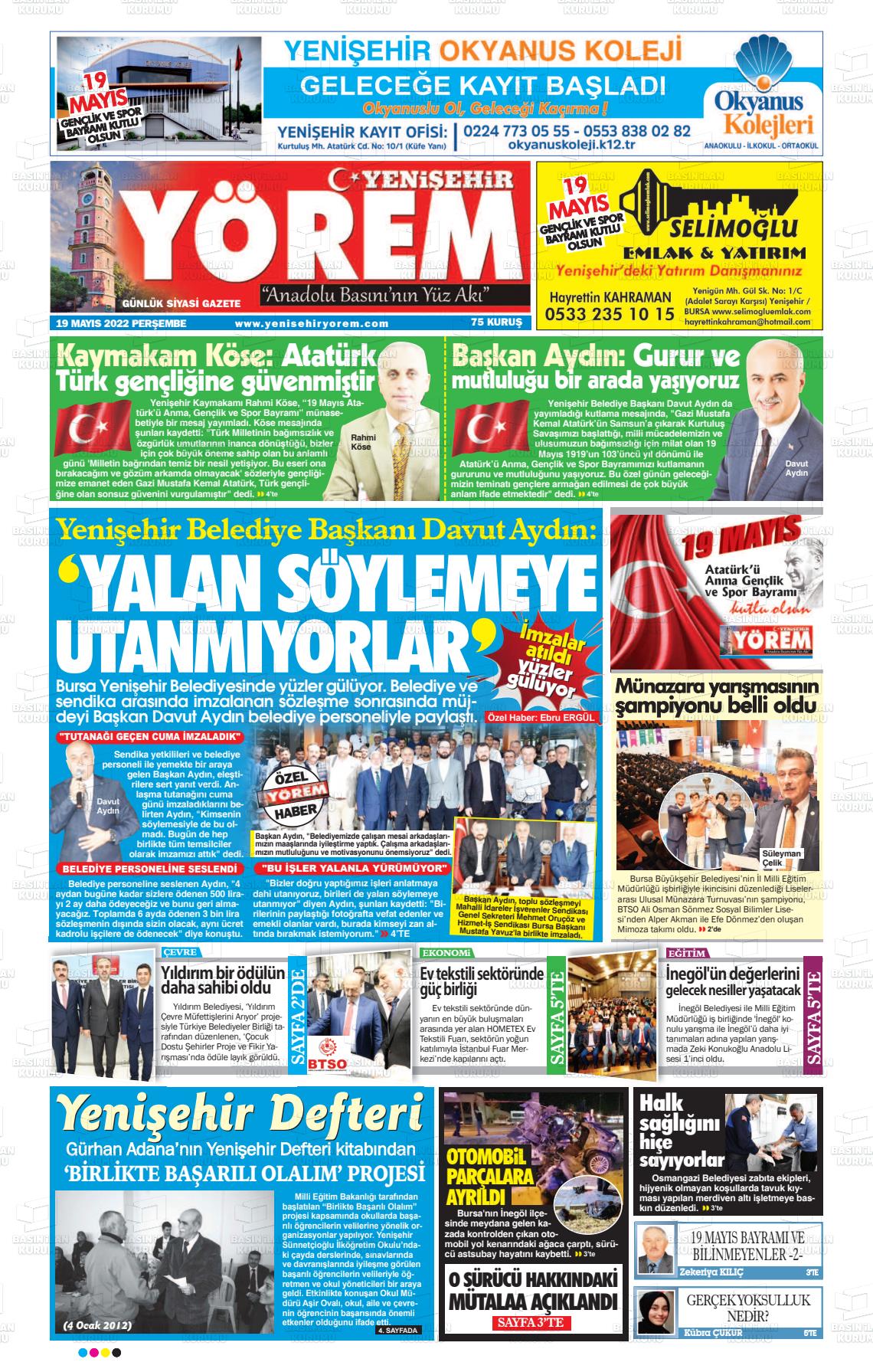 19 Mayıs 2022 Yenişehir Yörem Gazete Manşeti