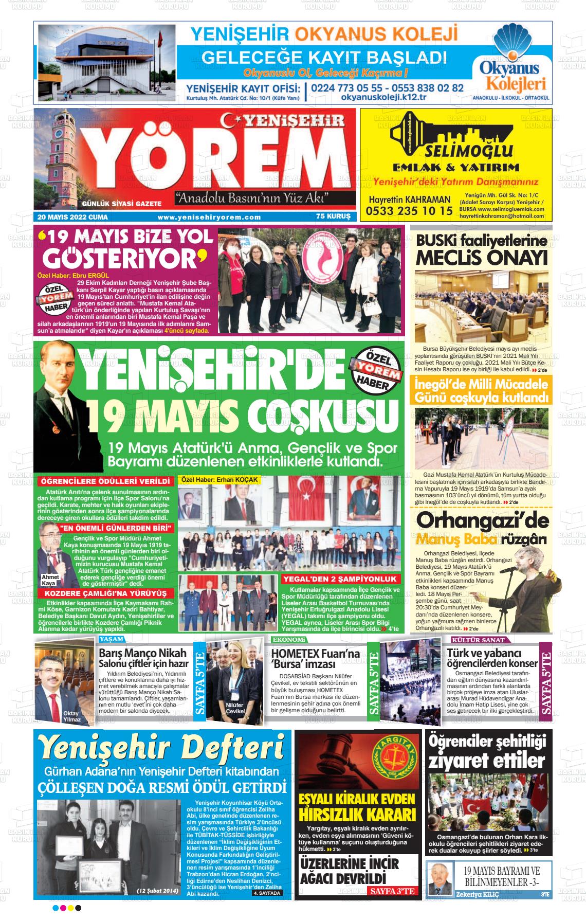 20 Mayıs 2022 Yenişehir Yörem Gazete Manşeti
