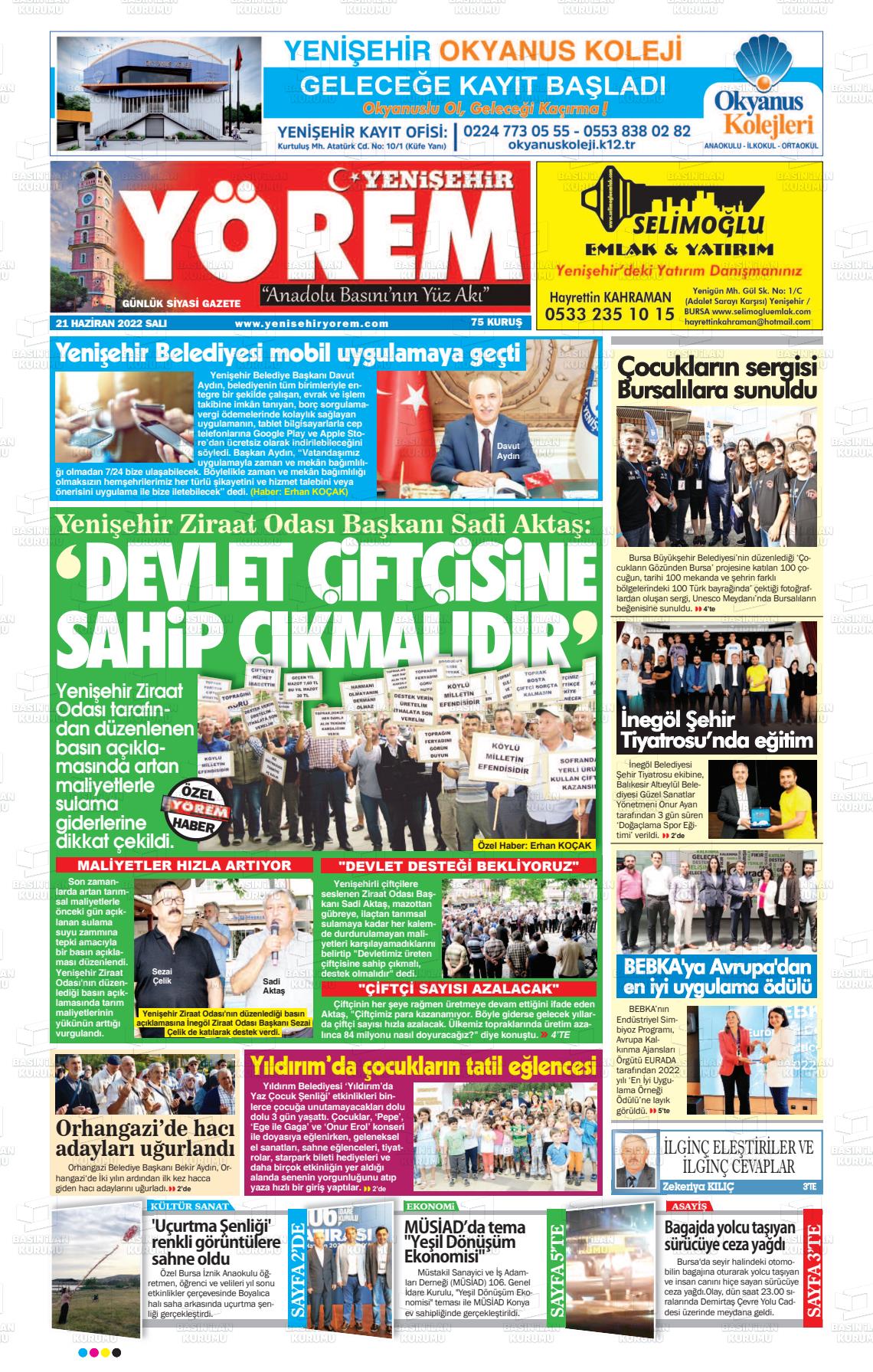 21 Haziran 2022 Yenişehir Yörem Gazete Manşeti