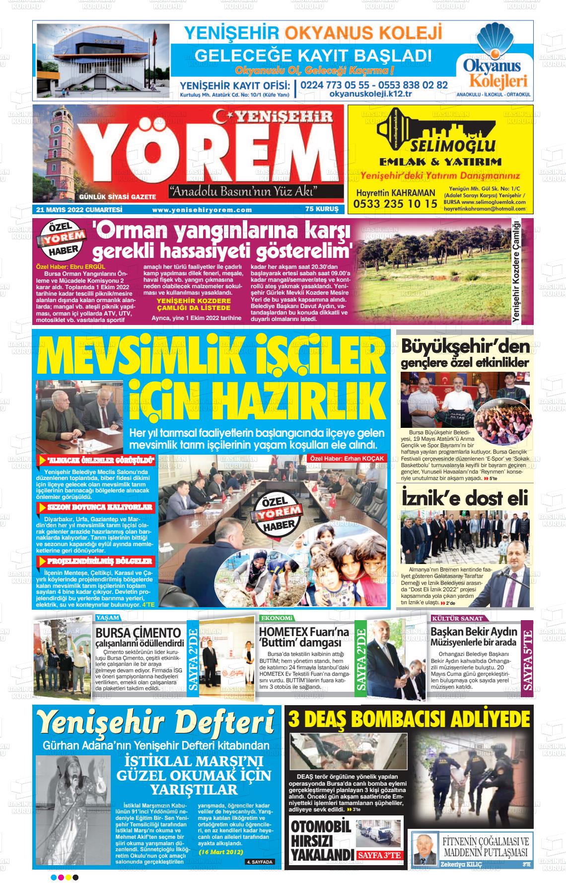 21 Mayıs 2022 Yenişehir Yörem Gazete Manşeti