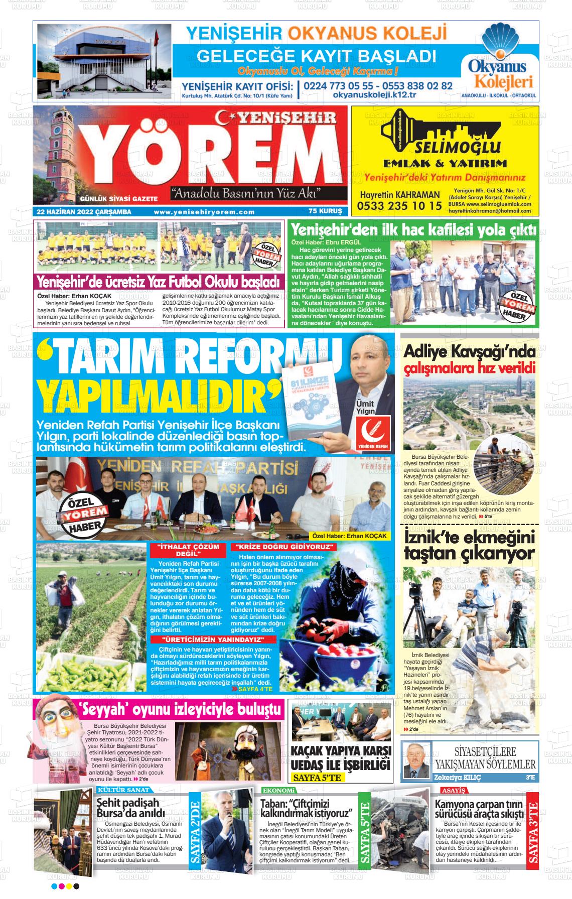 22 Haziran 2022 Yenişehir Yörem Gazete Manşeti