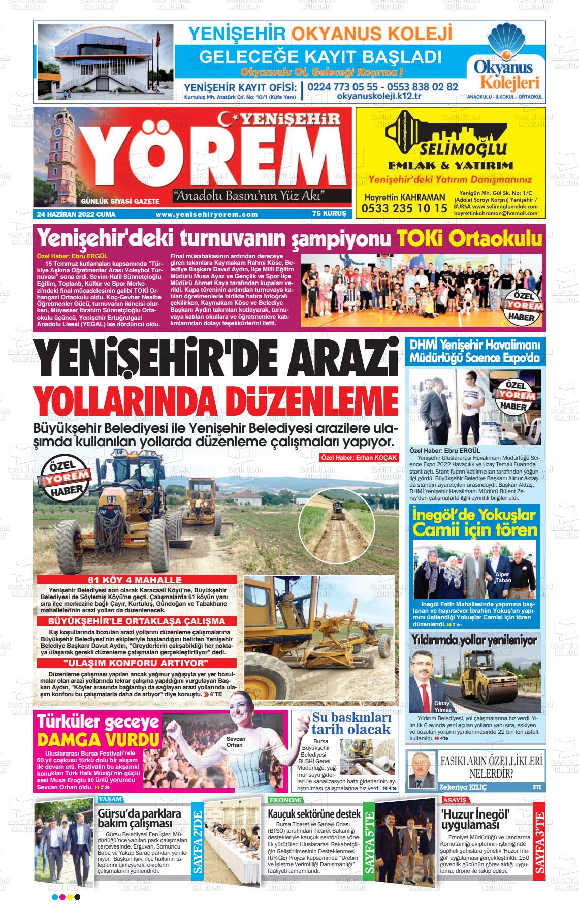 24 Haziran 2022 Yenişehir Yörem Gazete Manşeti