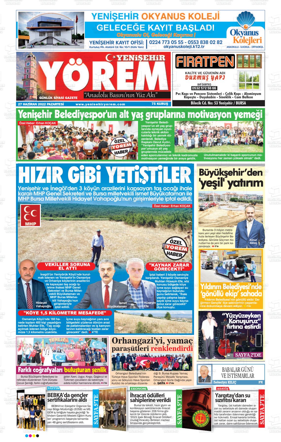 27 Haziran 2022 Yenişehir Yörem Gazete Manşeti