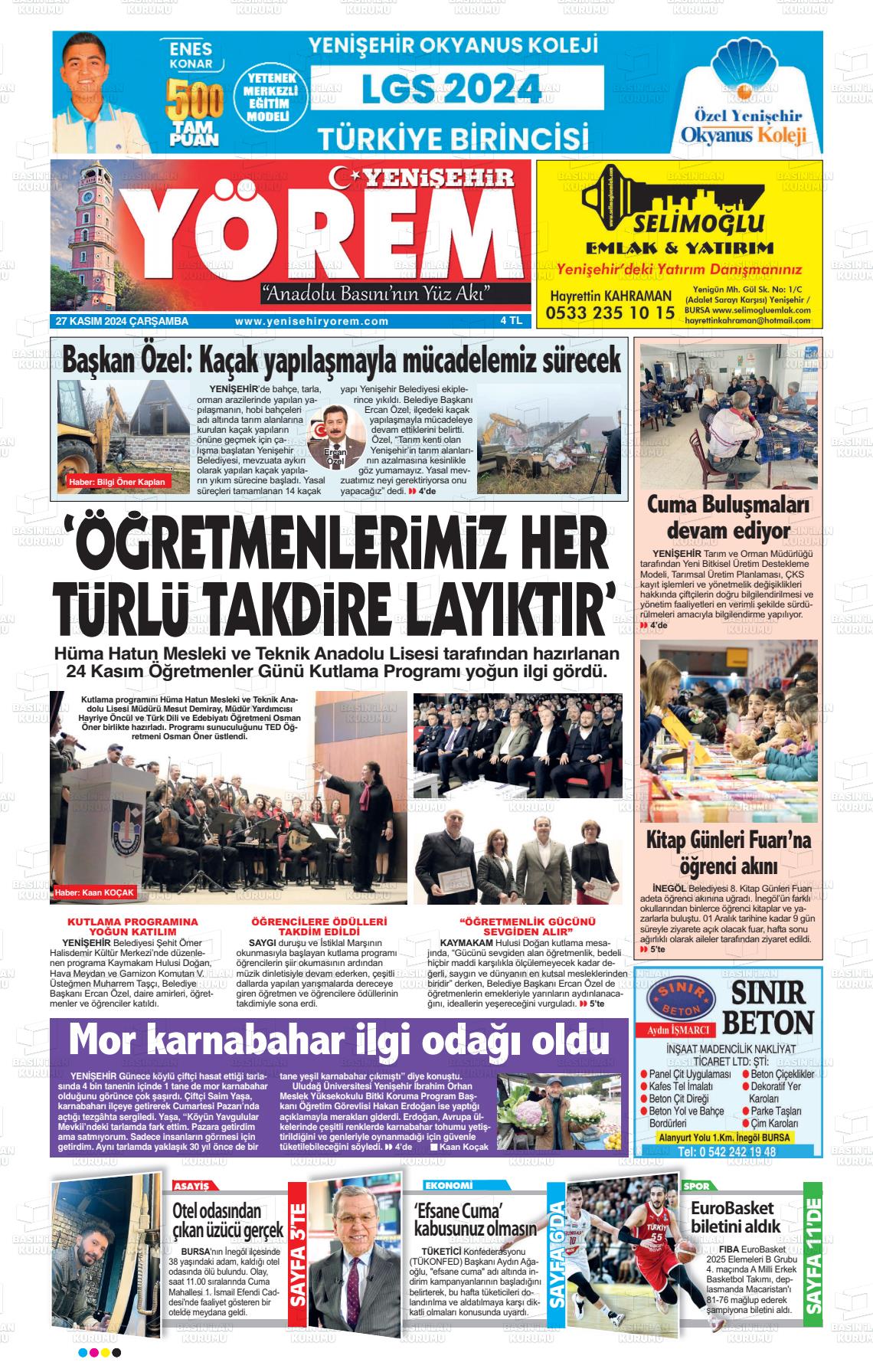 27 Kasım 2024 Yenişehir Yörem Gazete Manşeti