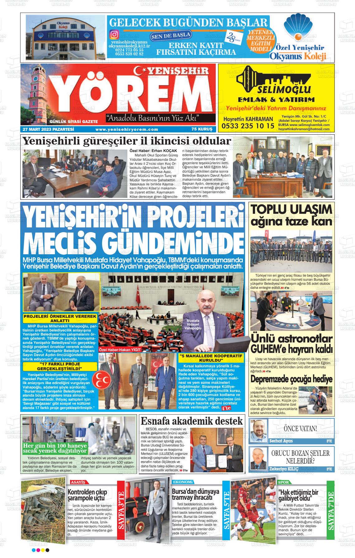 27 Mart 2023 Yenişehir Yörem Gazete Manşeti