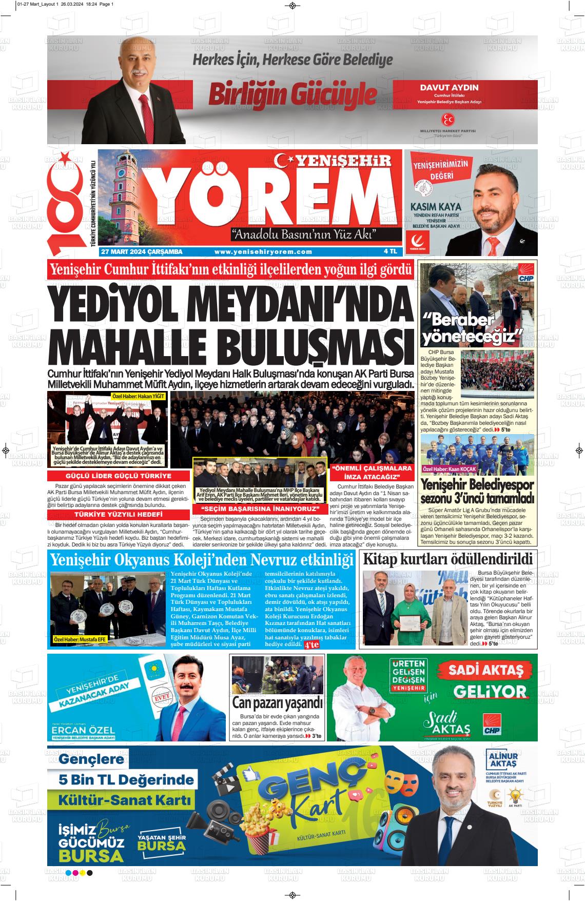 27 Mart 2024 Yenişehir Yörem Gazete Manşeti