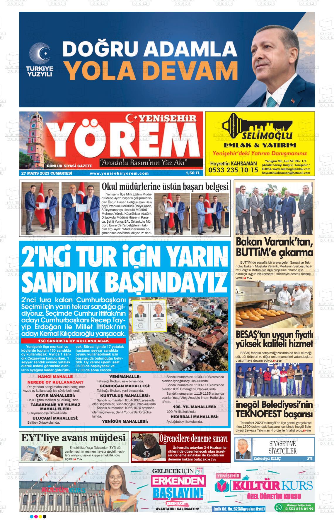 27 Mayıs 2023 Yenişehir Yörem Gazete Manşeti