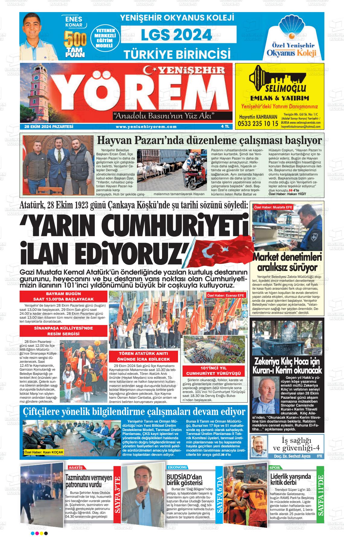28 Ekim 2024 Yenişehir Yörem Gazete Manşeti