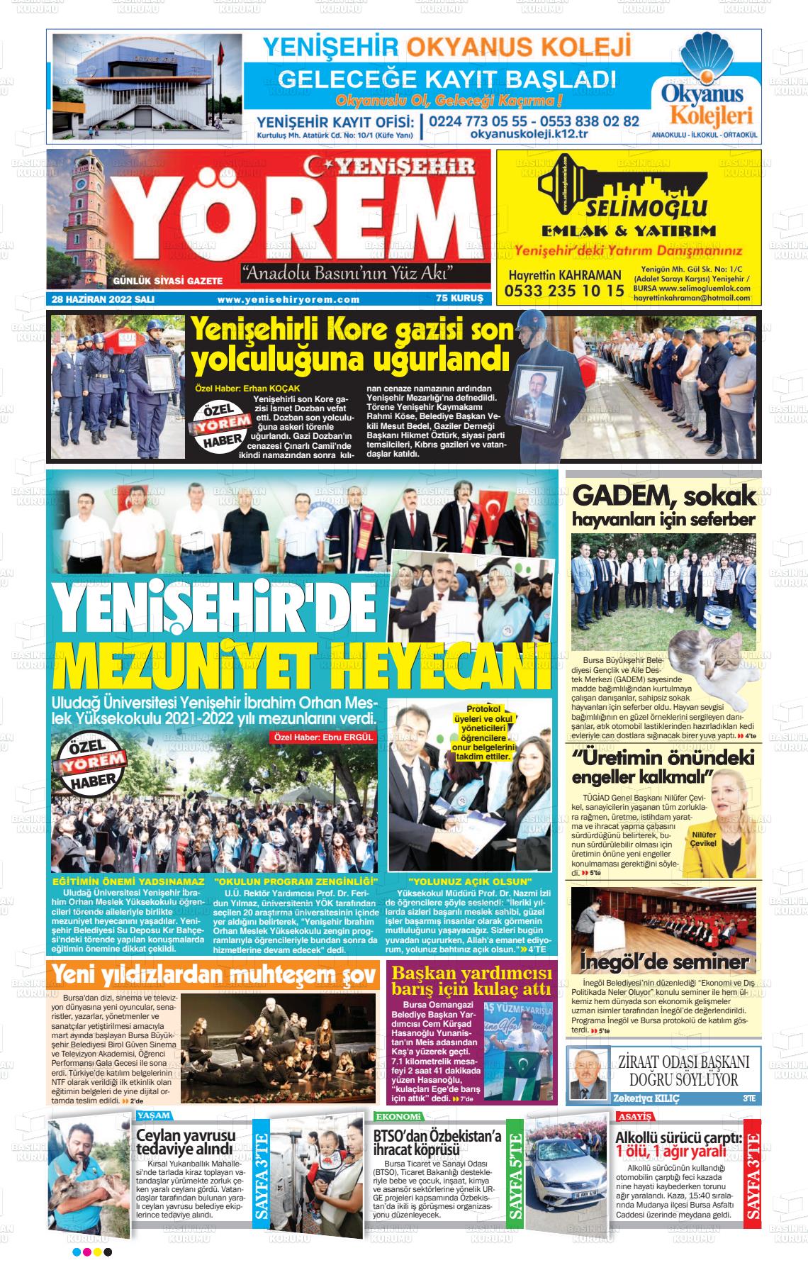 28 Haziran 2022 Yenişehir Yörem Gazete Manşeti