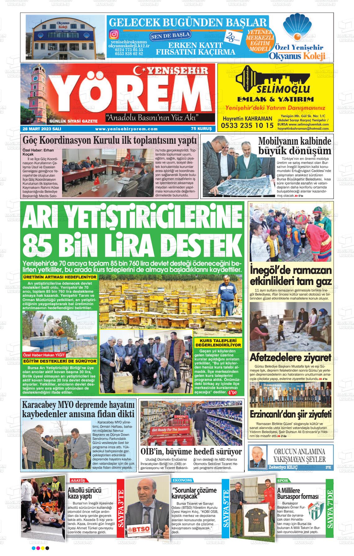 28 Mart 2023 Yenişehir Yörem Gazete Manşeti