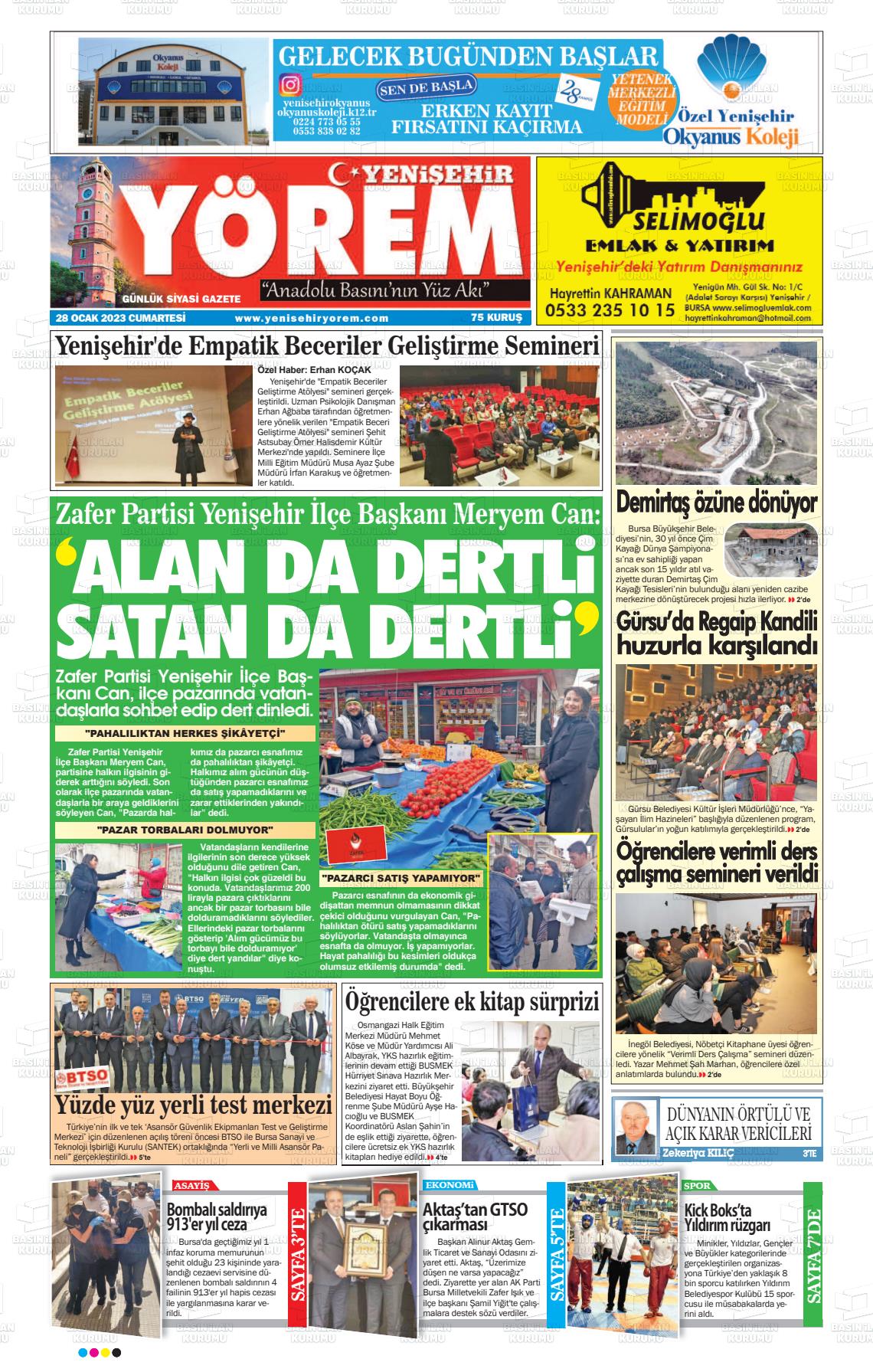 28 Ocak 2023 Yenişehir Yörem Gazete Manşeti