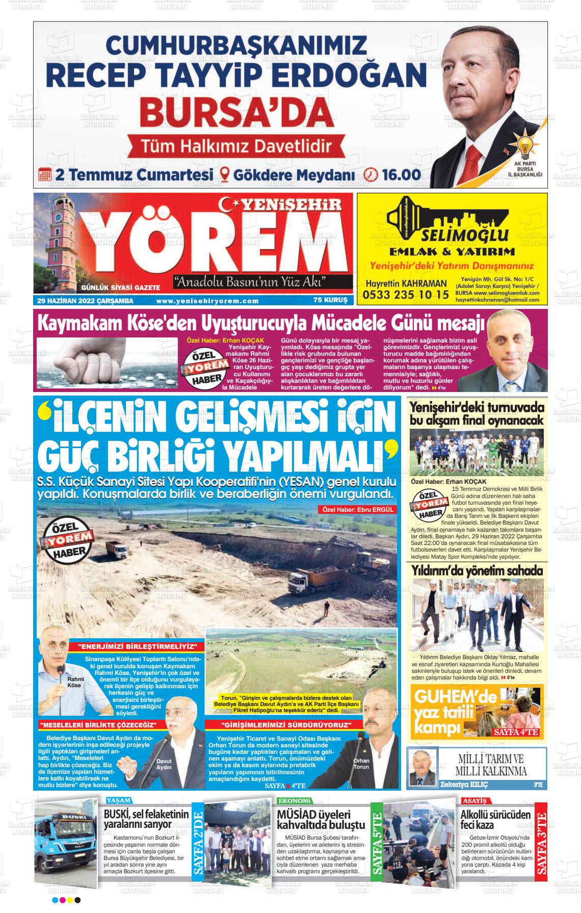 29 Haziran 2022 Yenişehir Yörem Gazete Manşeti
