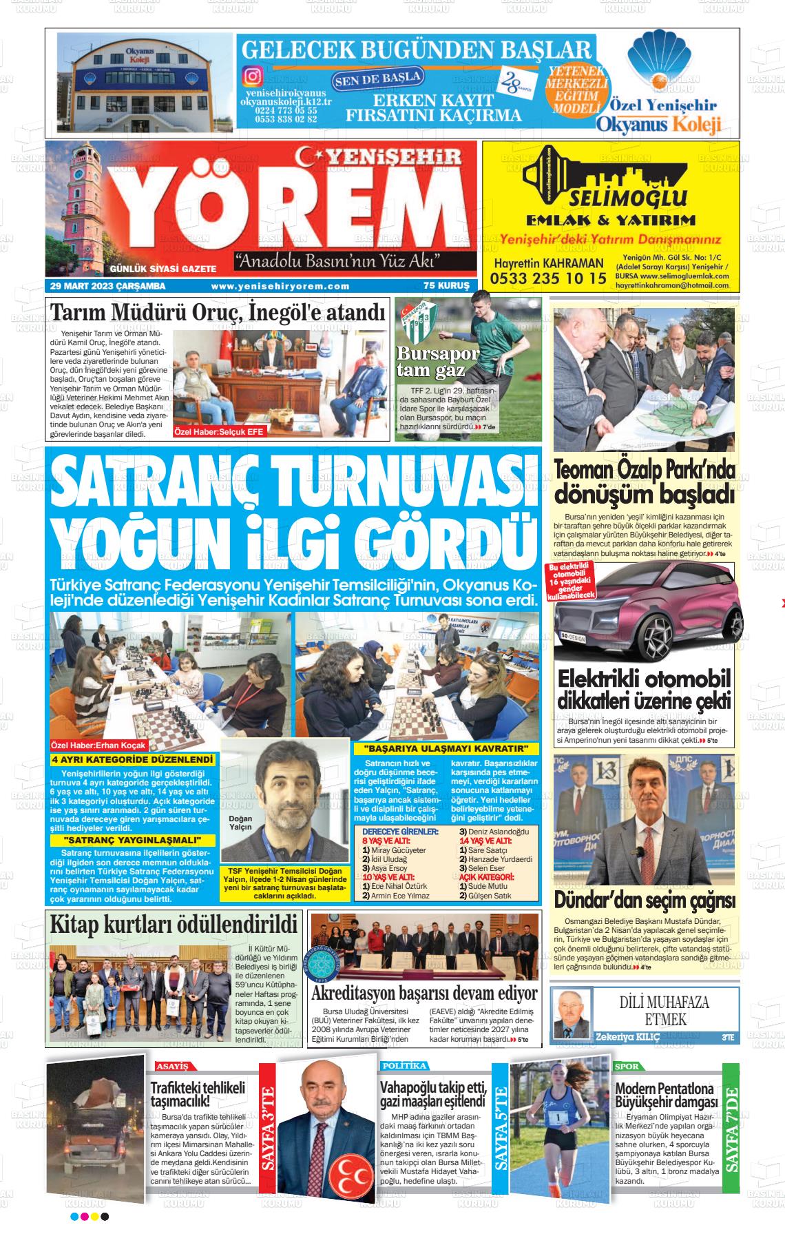 29 Mart 2023 Yenişehir Yörem Gazete Manşeti