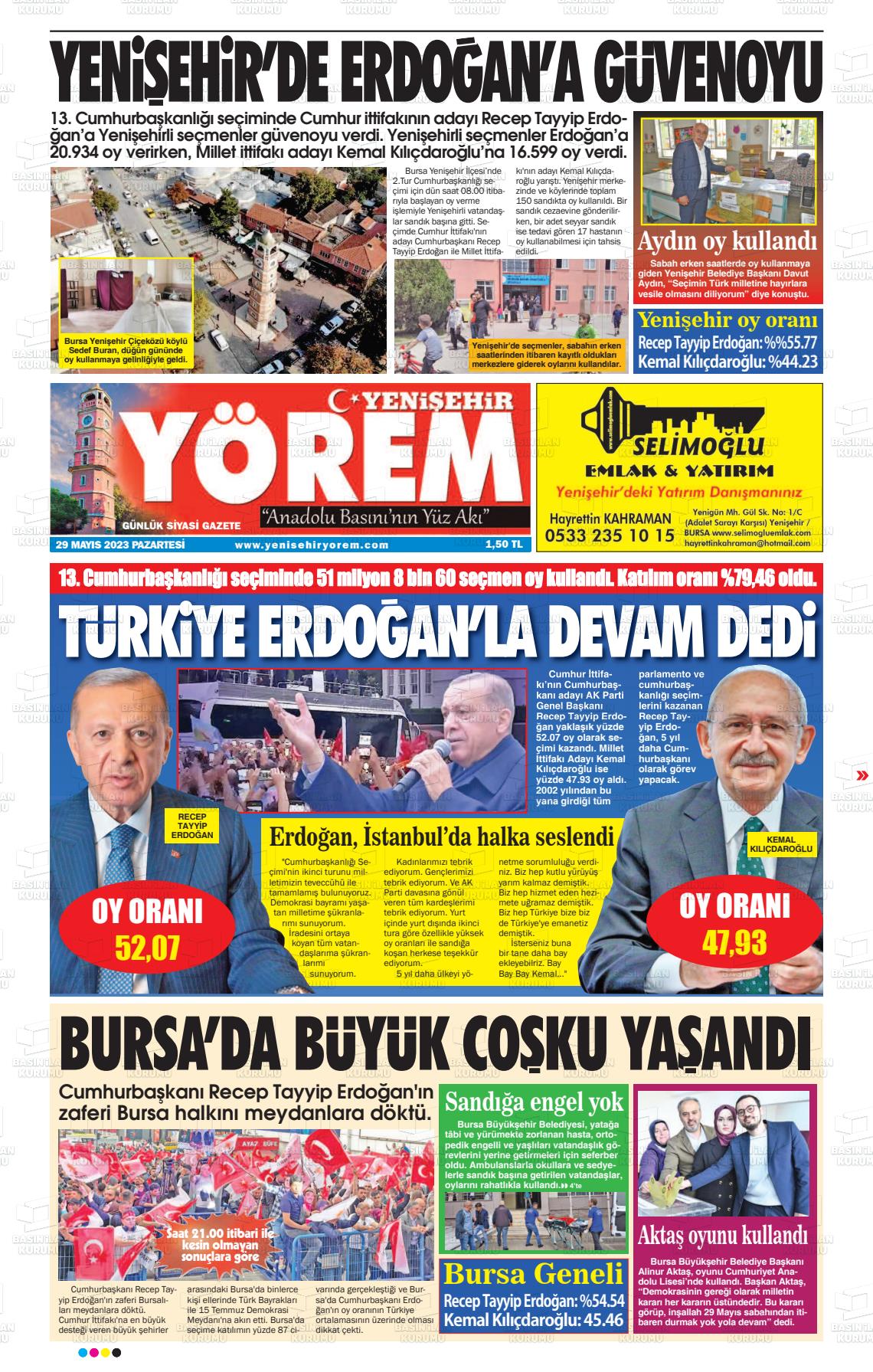 29 Mayıs 2023 Yenişehir Yörem Gazete Manşeti