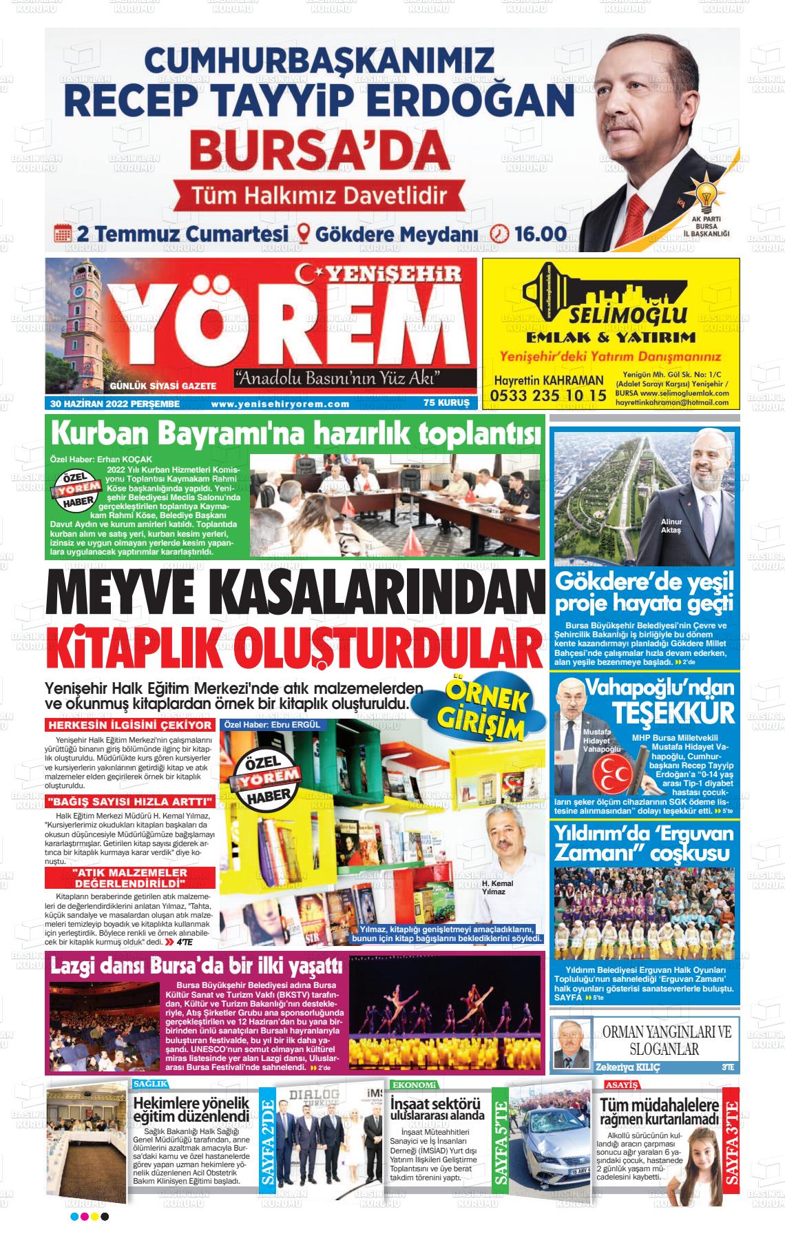 01 Temmuz 2022 Yenişehir Yörem Gazete Manşeti