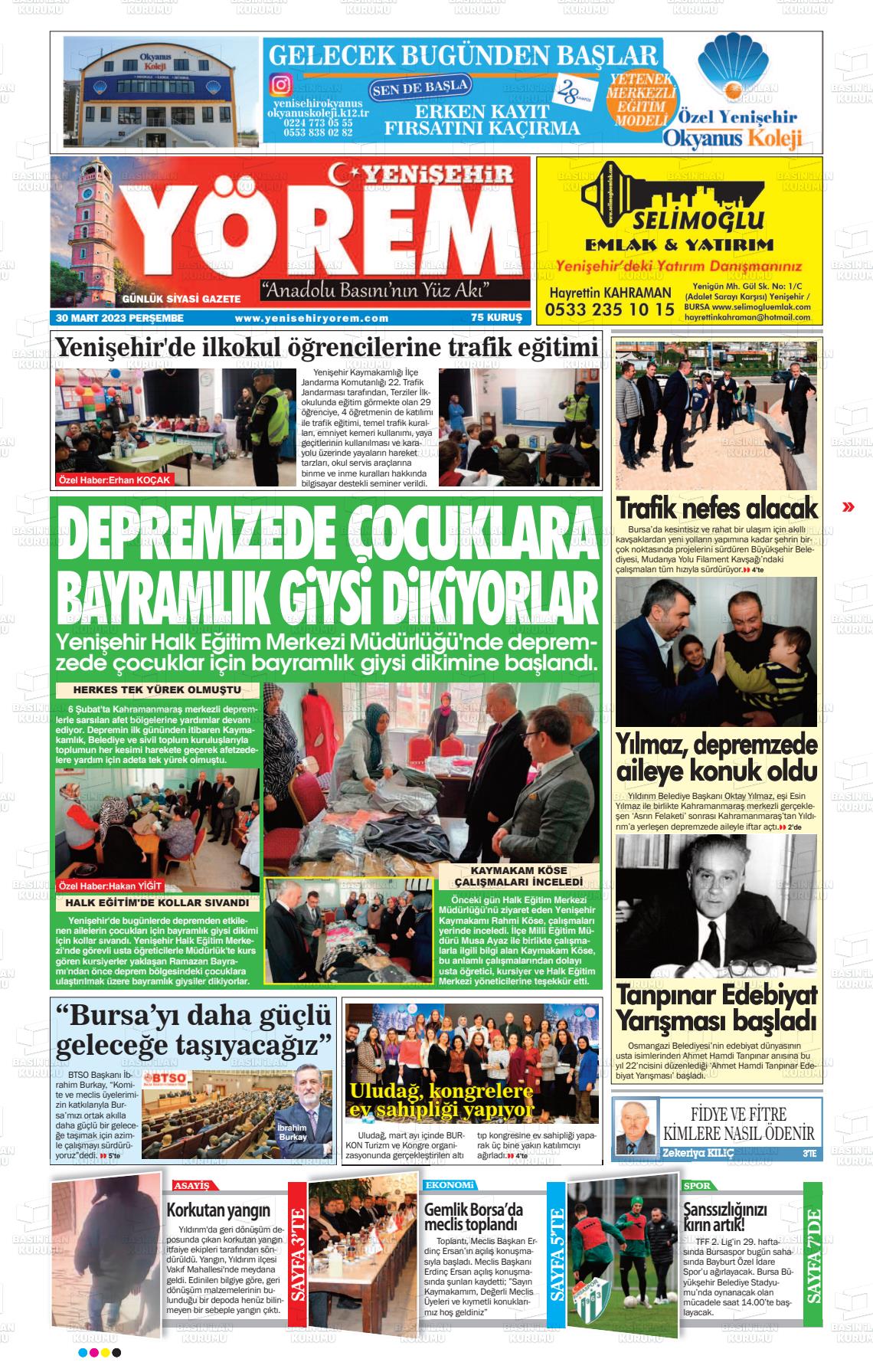 30 Mart 2023 Yenişehir Yörem Gazete Manşeti