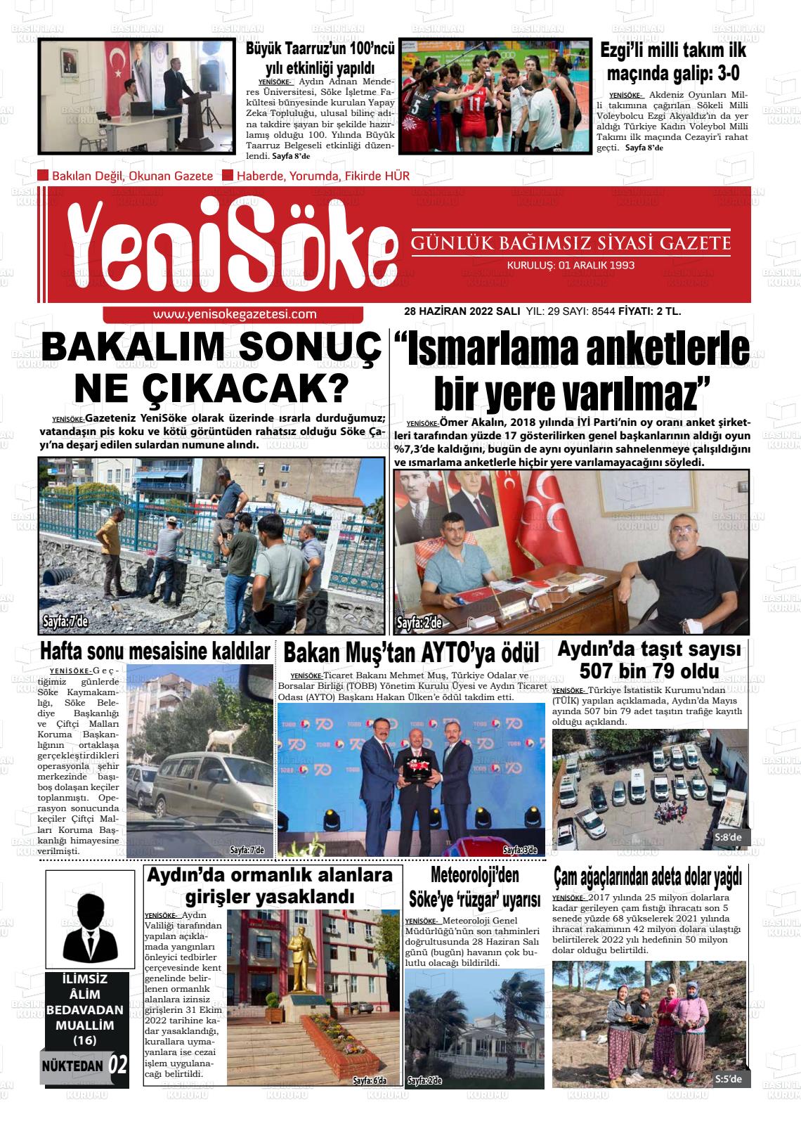 28 Haziran 2022 Yeni Söke Gazete Manşeti