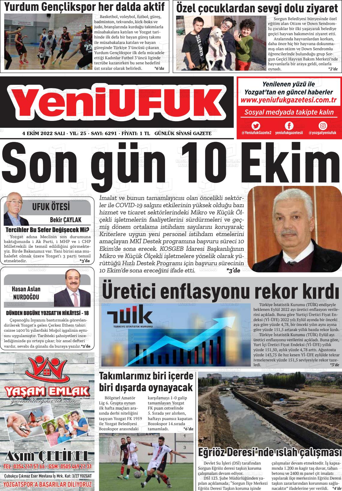 04 Ekim 2022 Yozgat Yeni Ufuk Gazete Manşeti