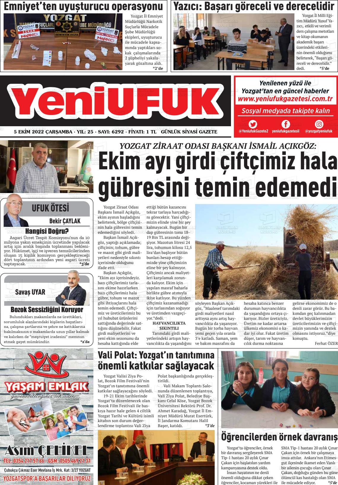 05 Ekim 2022 Yozgat Yeni Ufuk Gazete Manşeti