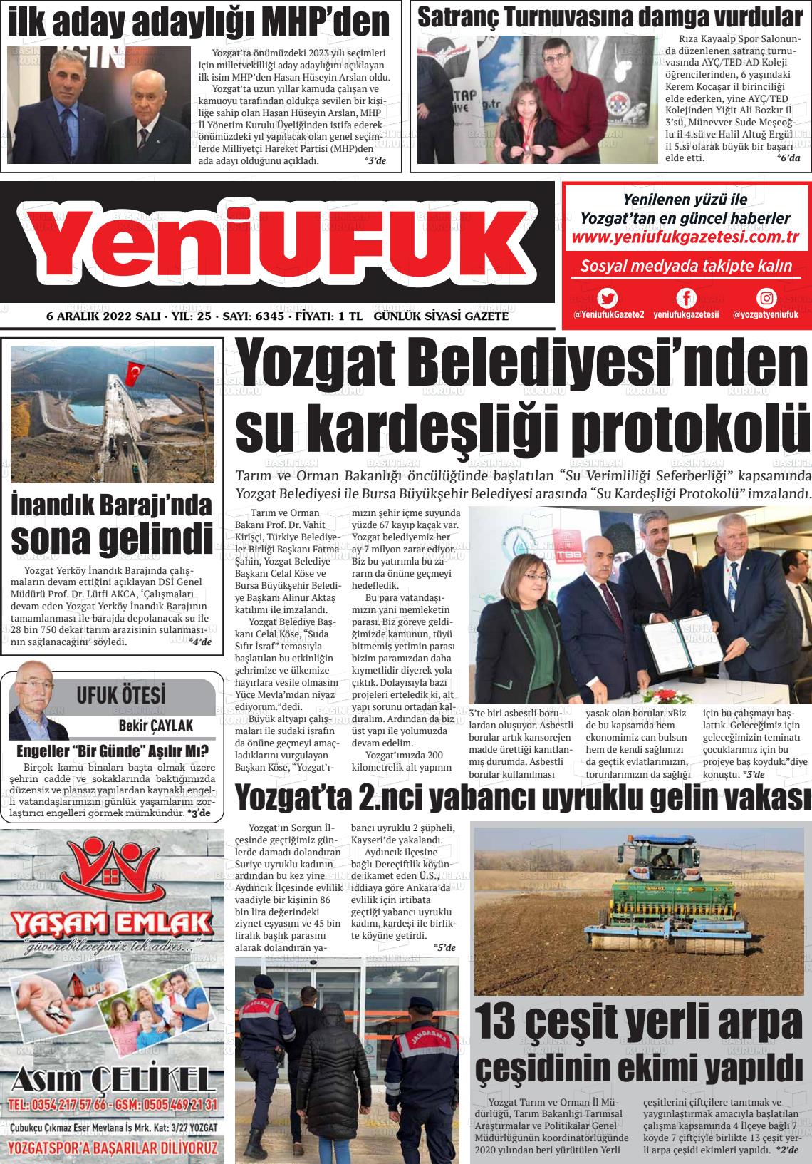 06 Aralık 2022 Yozgat Yeni Ufuk Gazete Manşeti