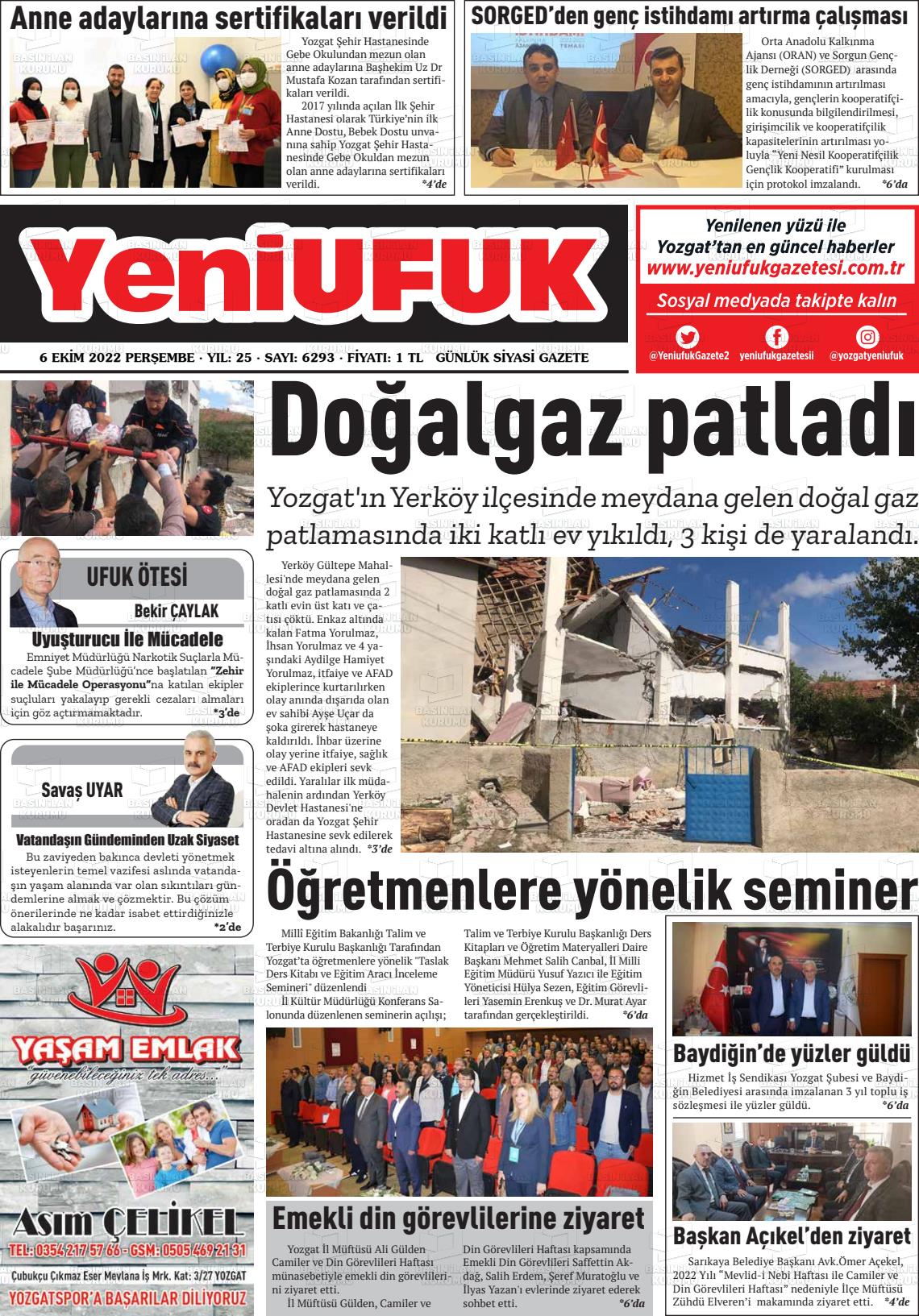 06 Ekim 2022 Yozgat Yeni Ufuk Gazete Manşeti