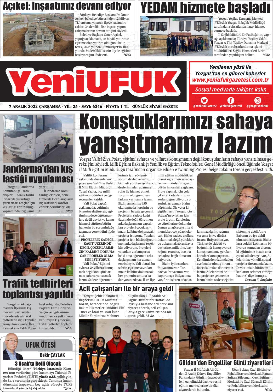 07 Aralık 2022 Yozgat Yeni Ufuk Gazete Manşeti