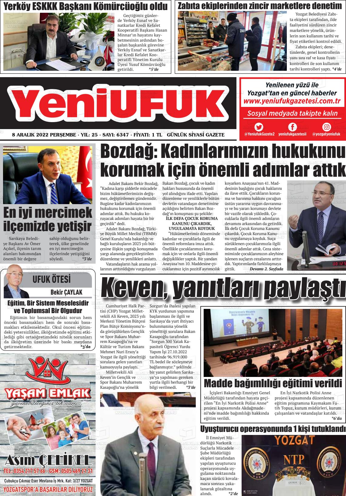 08 Aralık 2022 Yozgat Yeni Ufuk Gazete Manşeti