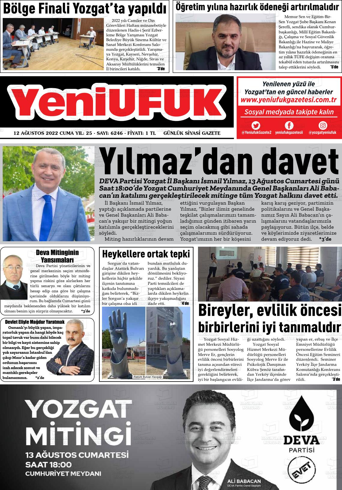 12 Ağustos 2022 Yozgat Yeni Ufuk Gazete Manşeti