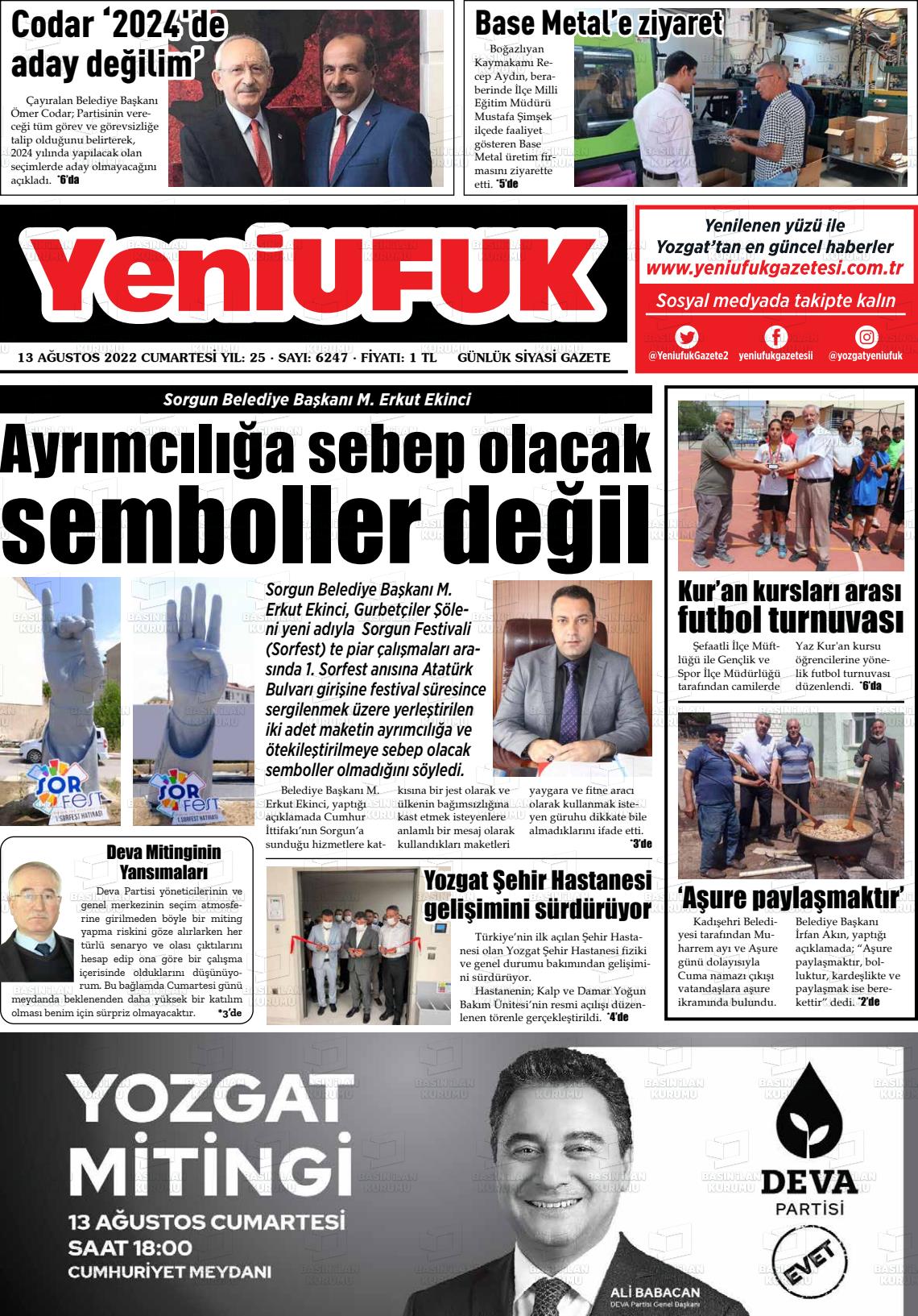 13 Ağustos 2022 Yozgat Yeni Ufuk Gazete Manşeti