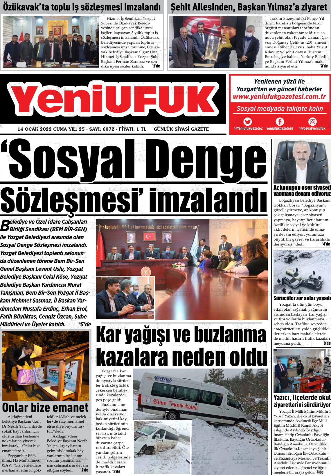 14 Ocak 2022 Yozgat Yeni Ufuk Gazete Manşeti
