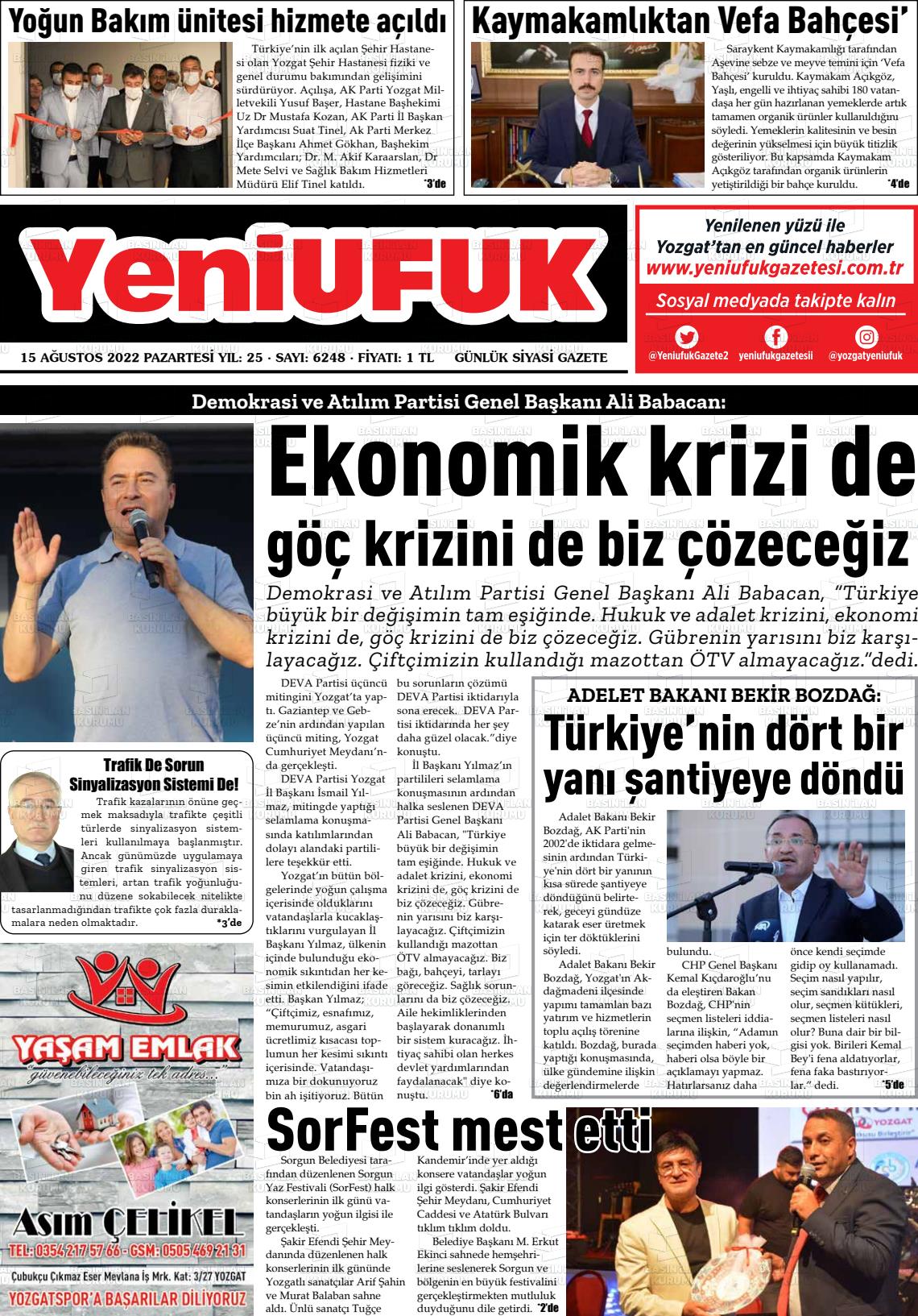 15 Ağustos 2022 Yozgat Yeni Ufuk Gazete Manşeti