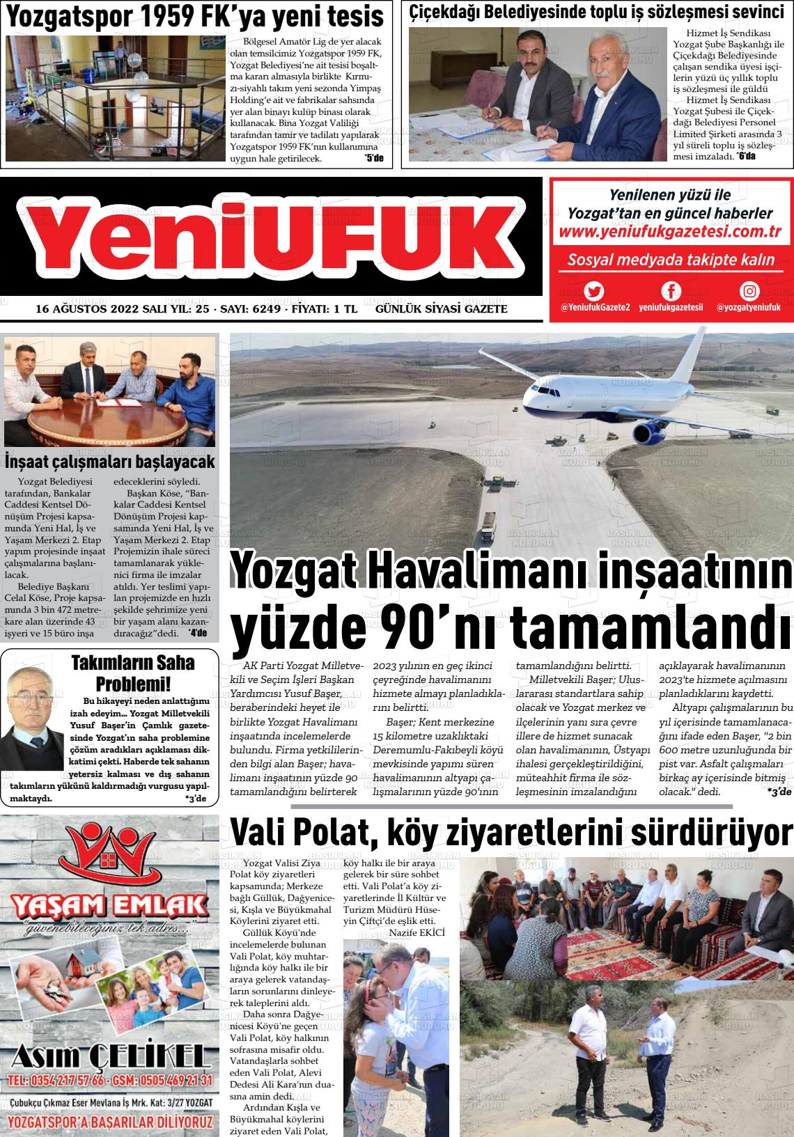 16 Ağustos 2022 Yozgat Yeni Ufuk Gazete Manşeti