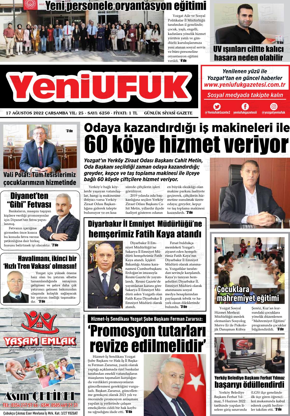17 Ağustos 2022 Yozgat Yeni Ufuk Gazete Manşeti