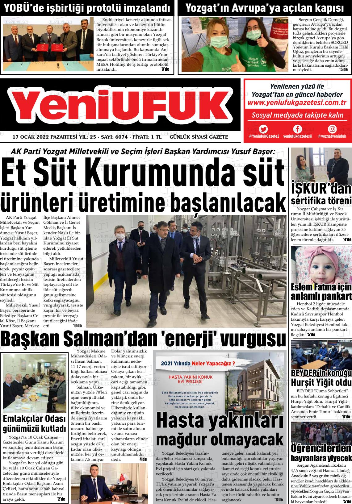 17 Ocak 2022 Yozgat Yeni Ufuk Gazete Manşeti