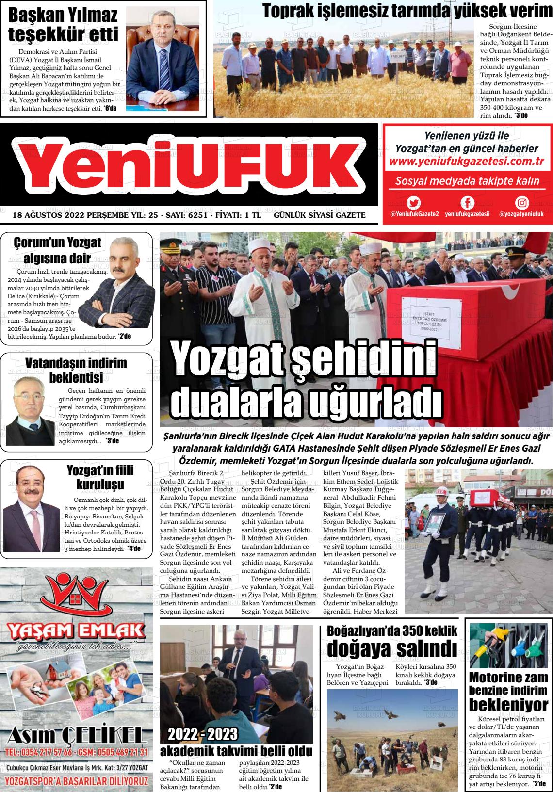 18 Ağustos 2022 Yozgat Yeni Ufuk Gazete Manşeti