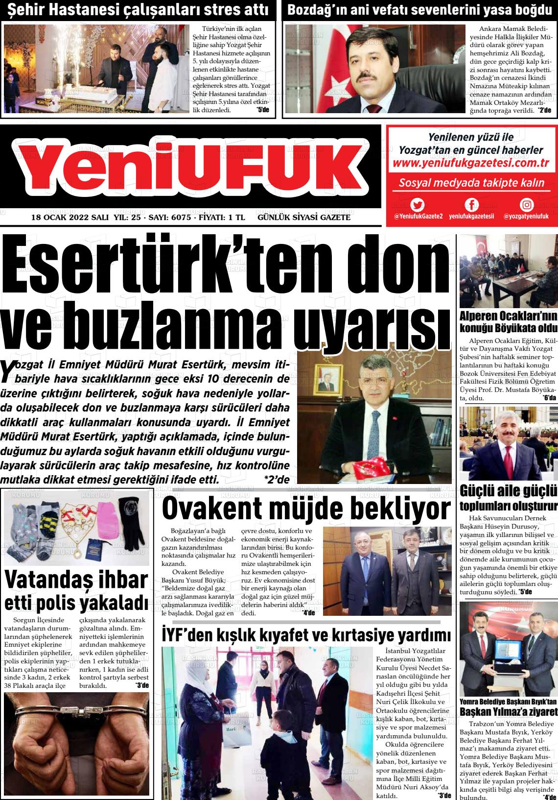 18 Ocak 2022 Yozgat Yeni Ufuk Gazete Manşeti