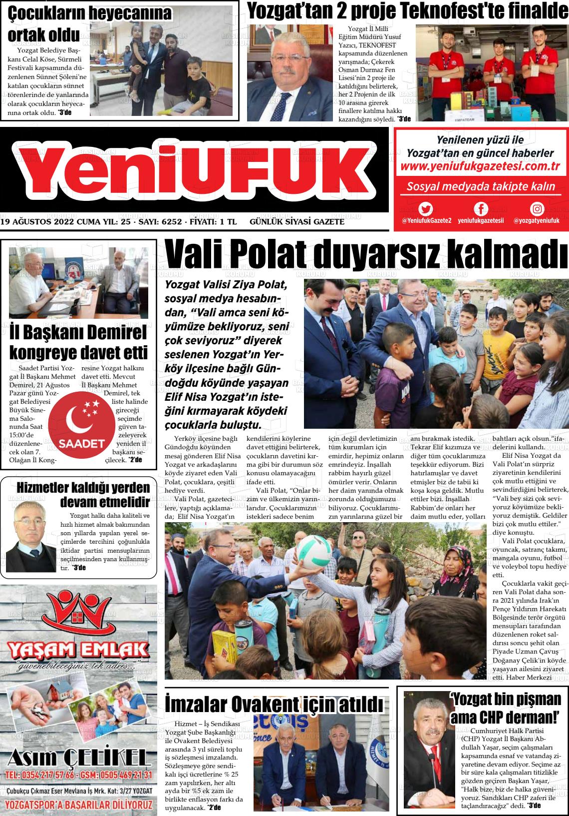 19 Ağustos 2022 Yozgat Yeni Ufuk Gazete Manşeti