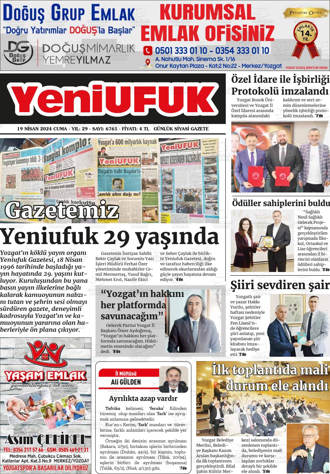 19 Nisan 2024 Yozgat Yeni Ufuk Gazete Manşeti