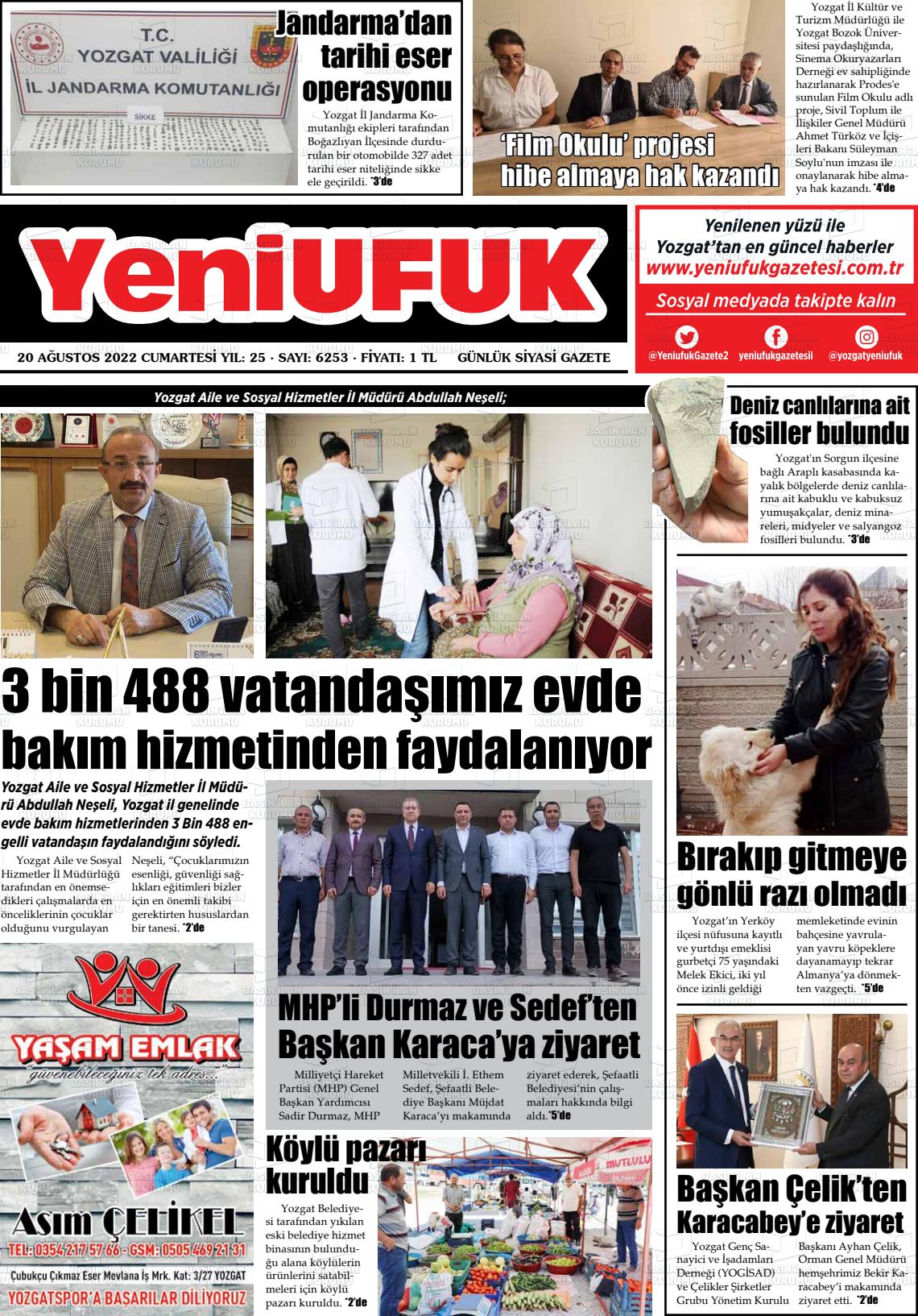 20 Ağustos 2022 Yozgat Yeni Ufuk Gazete Manşeti