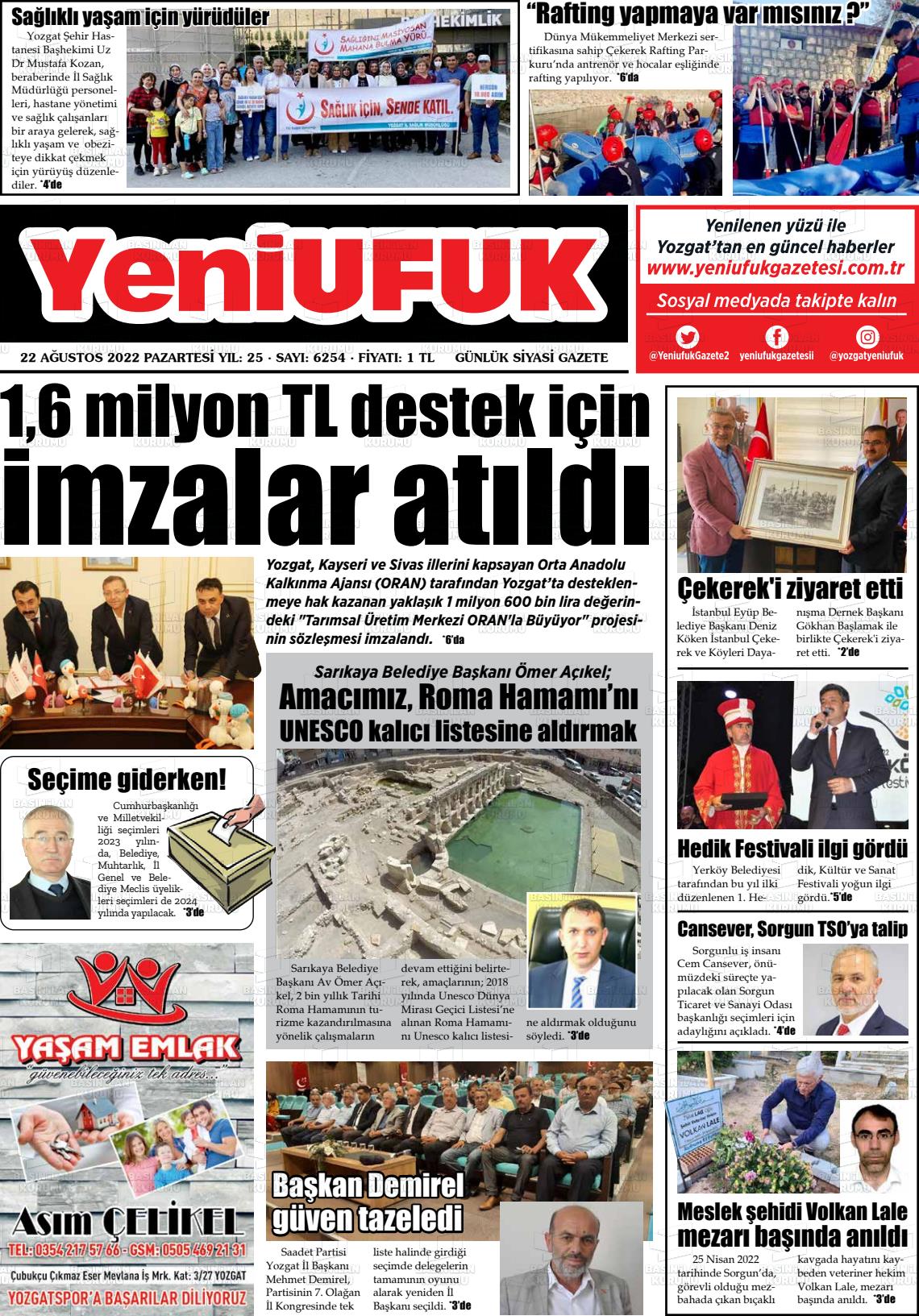 23 Ağustos 2022 Yozgat Yeni Ufuk Gazete Manşeti