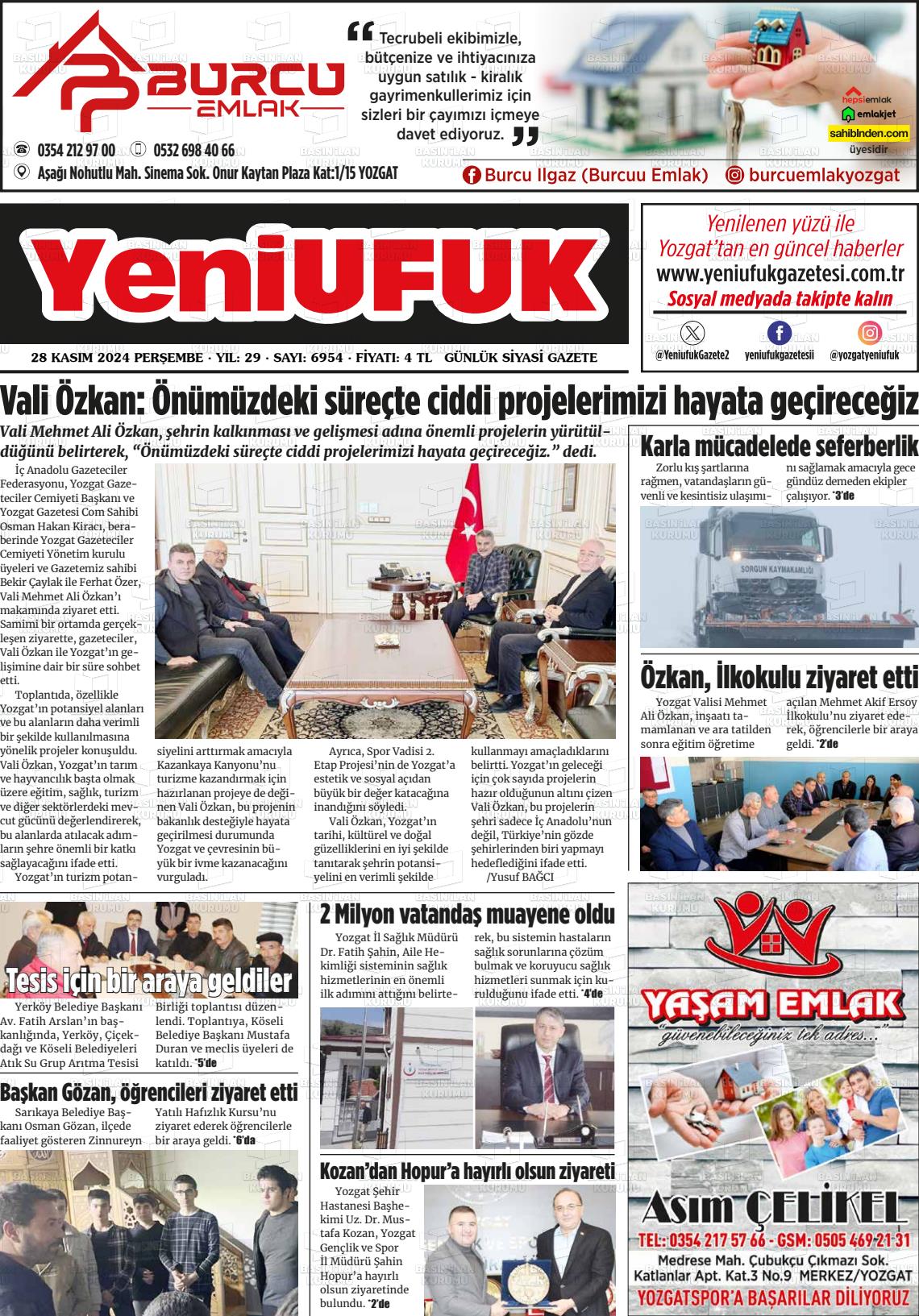 13 Ocak 2025 Yozgat Yeni Ufuk Gazete Manşeti