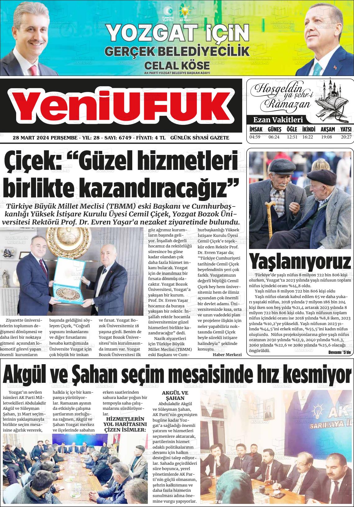 28 Mart 2024 Yozgat Yeni Ufuk Gazete Manşeti