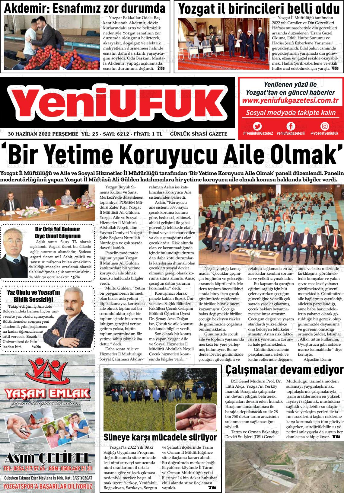 01 Temmuz 2022 Yozgat Yeni Ufuk Gazete Manşeti
