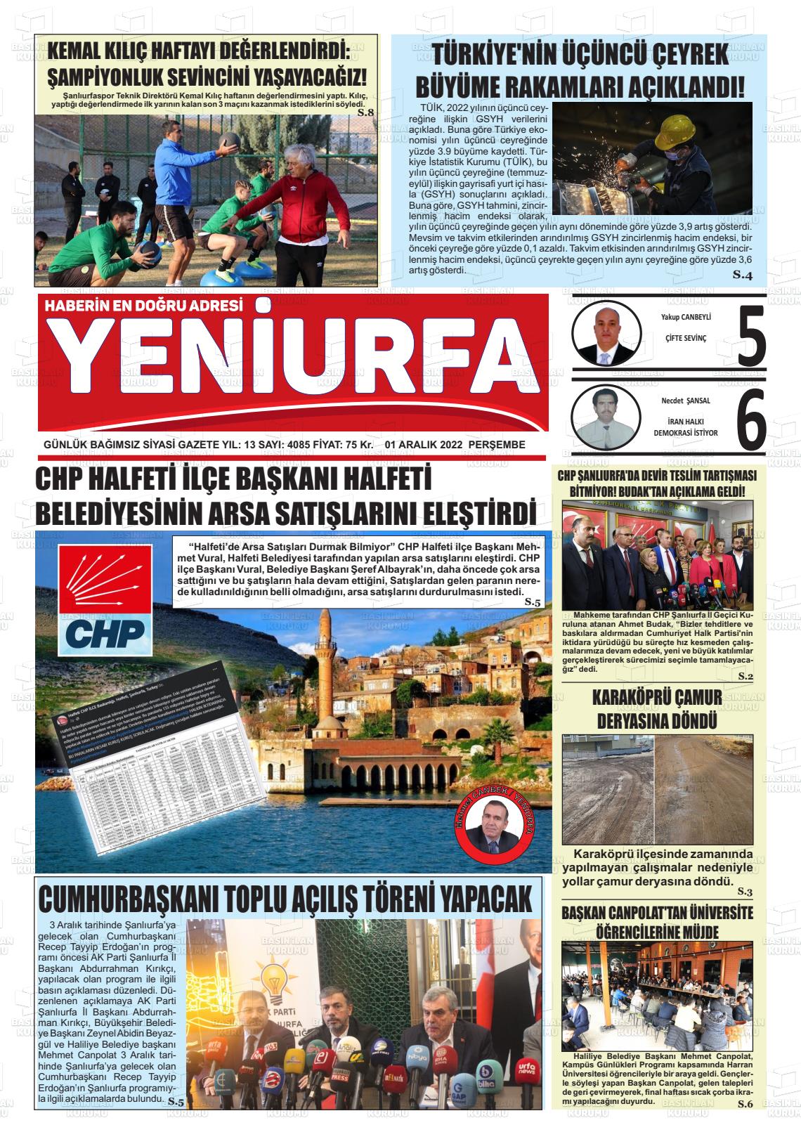01 Aralık 2022 Yeni Urfa Gazete Manşeti
