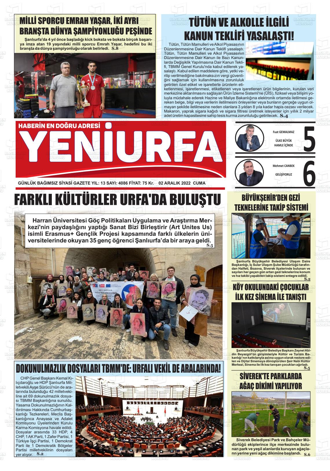 02 Aralık 2022 Yeni Urfa Gazete Manşeti